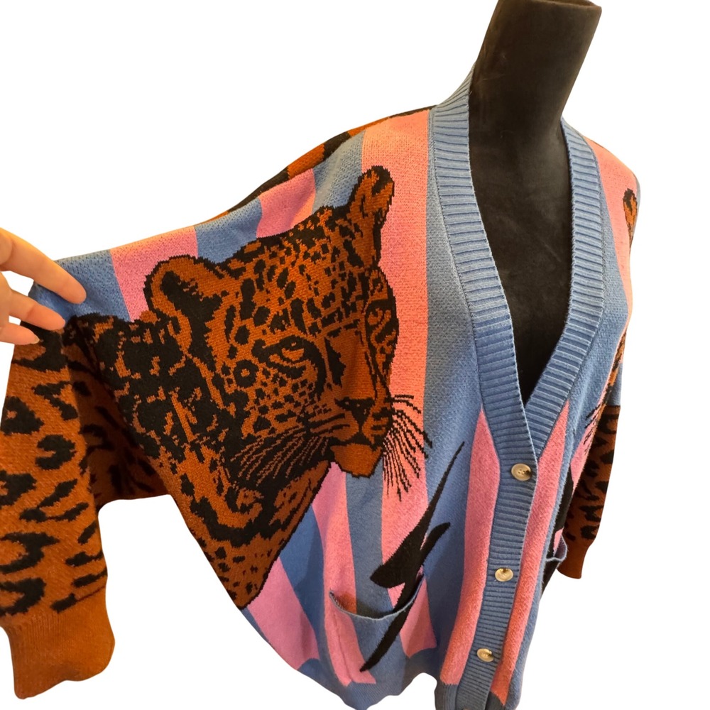 Lala Oversized Leopard Lightning Bolt Stripe Cardigan Sweater XL/2XL